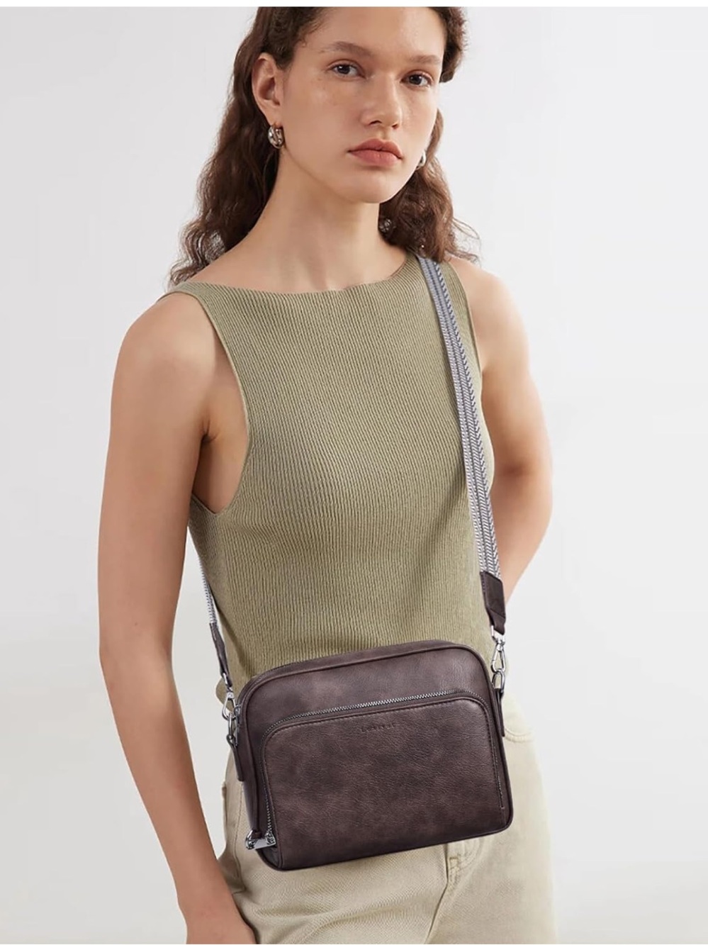 Brown Women's Crossbody Bag with Patterned Strap